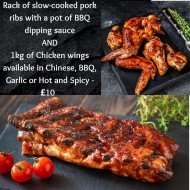 Special Offer Slowcooked Rack of Ribs with a Pot of BBQ Dipping Sauce & 1kg Chicken Wings