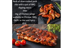 Special Offer Slowcooked Rack of Ribs with a Pot of BBQ Dipping Sauce & 1kg Chicken Wings